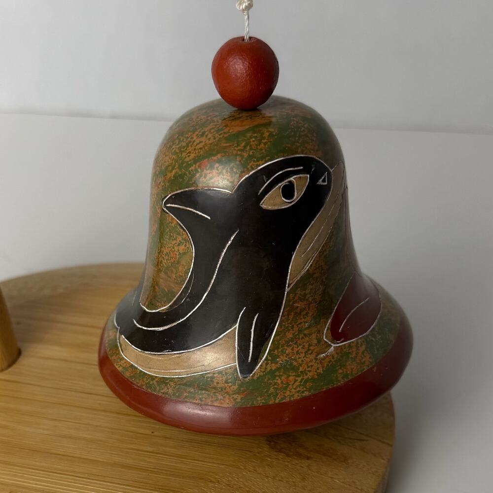 Hand Painted Wooden Dolphin Bell Nicaragua Folk Art Beach House Decor Latin